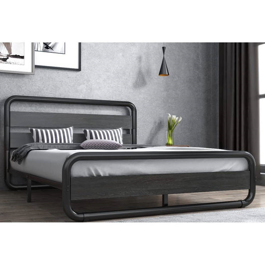 Queen Heavy Duty Round Metal Frame Platform Bed with Black Wood Panel Headboard - Tampa Home & Garden Store
