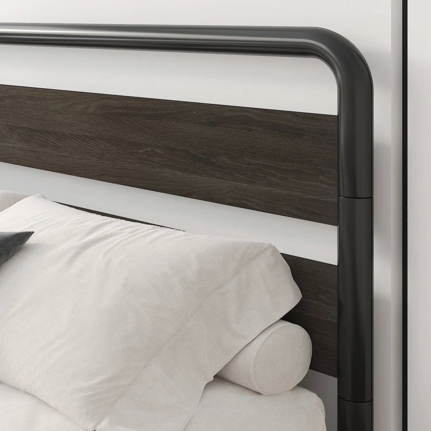 Cama Queen de plataforma con estructura de metal redonda de alta resistencia y cabecero de madera negra