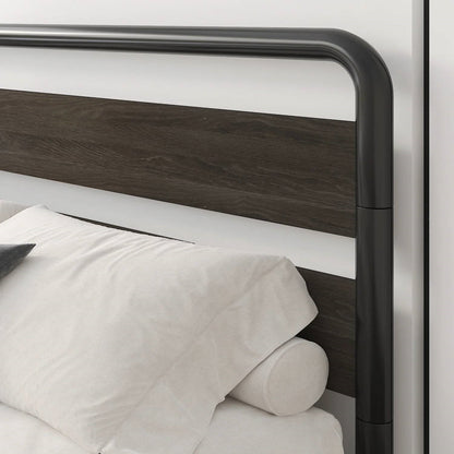 Cama Queen de plataforma con estructura de metal redonda de alta resistencia y cabecero de madera negra
