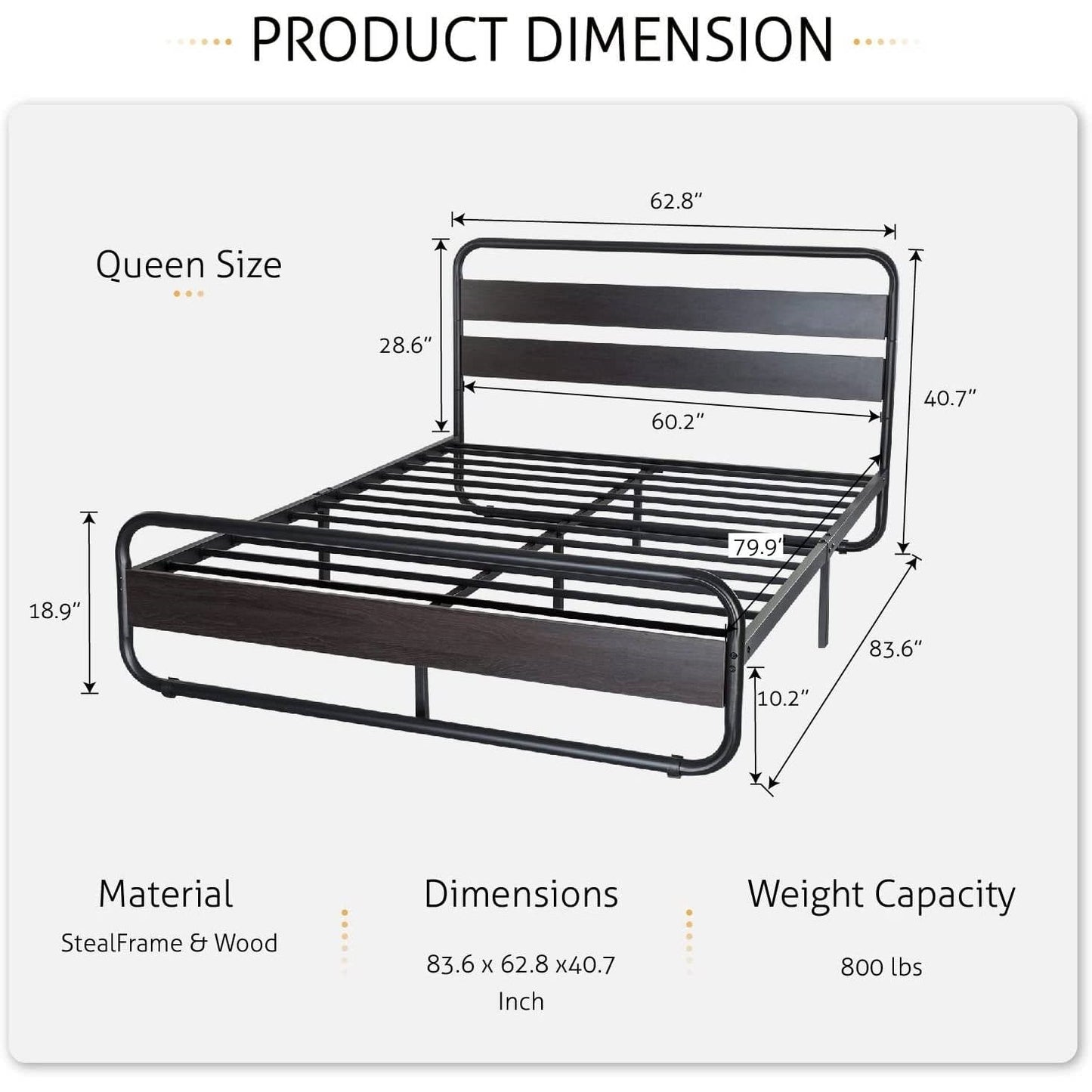 Cama Queen de plataforma con estructura de metal redonda de alta resistencia y cabecero de madera negra