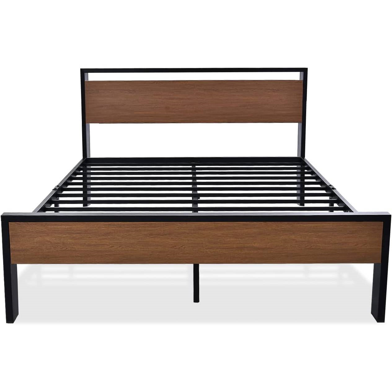 Cama de plataforma de metal Queen con cabecero y pie de cama de madera con acabado nogal