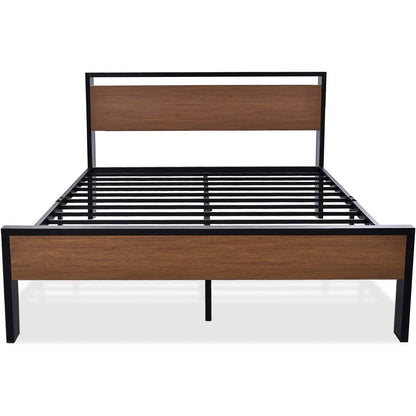 Cama de plataforma de metal Queen con cabecero y pie de cama de madera con acabado nogal