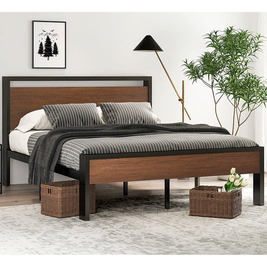 Queen Metal Platform Bed with Walnut Finish Wood Panel Headboard Footboard - Tampa Home & Garden Store