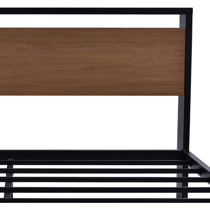Cama de plataforma de metal Queen con cabecero y pie de cama de madera con acabado nogal