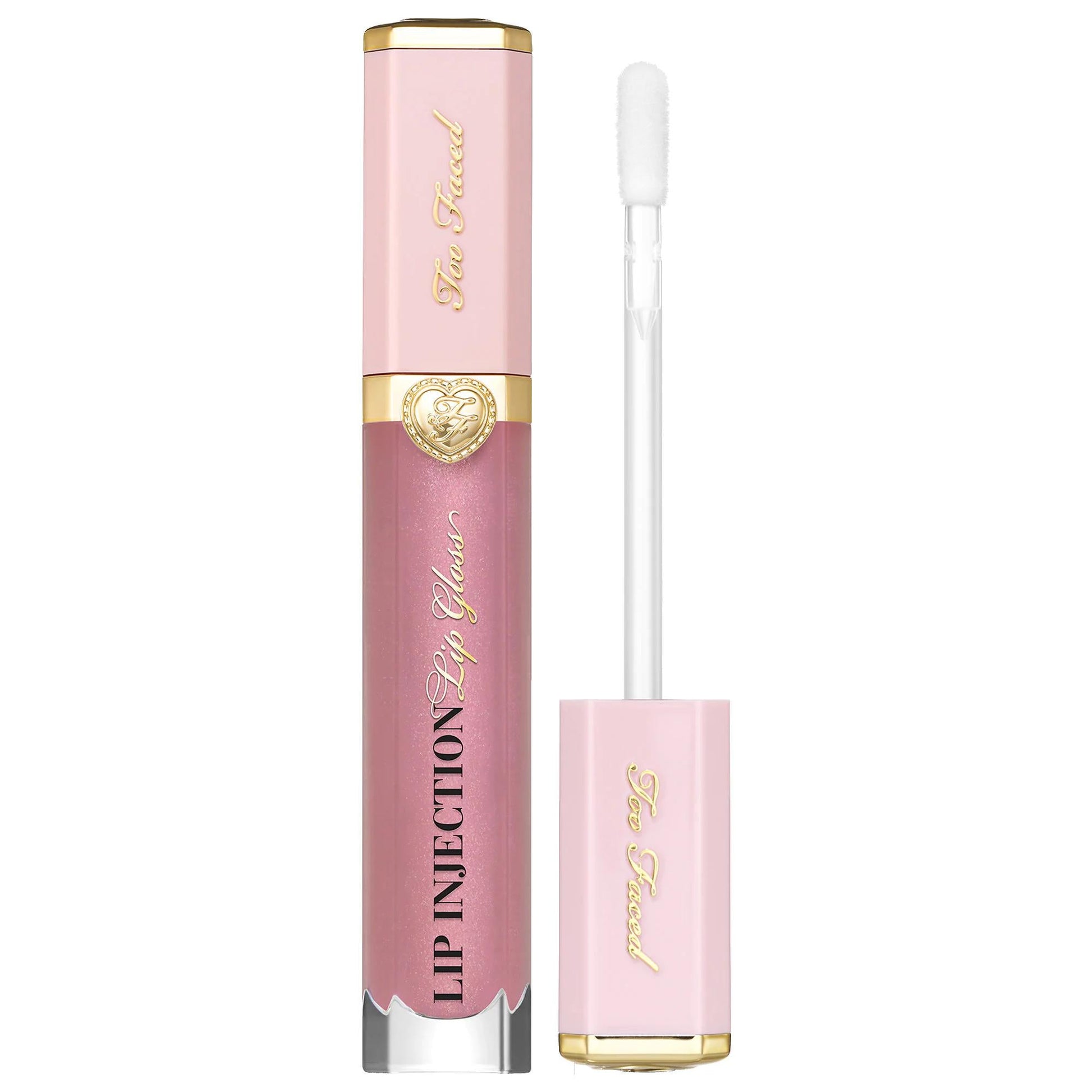 Lip gloss Too Faced Lip Injection Power Plumping pink tube with gold cap and white wand on Tampa Home & Garden Store
