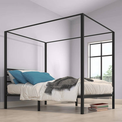 Cama con dosel de metal moderna tamaño queen con cuatro postes en acabado negro