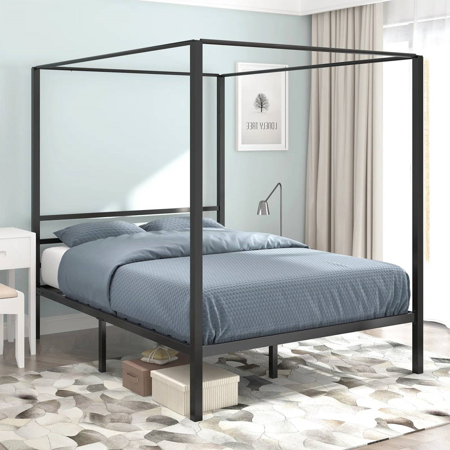 Cama con dosel de metal moderna tamaño queen con cuatro postes en acabado negro