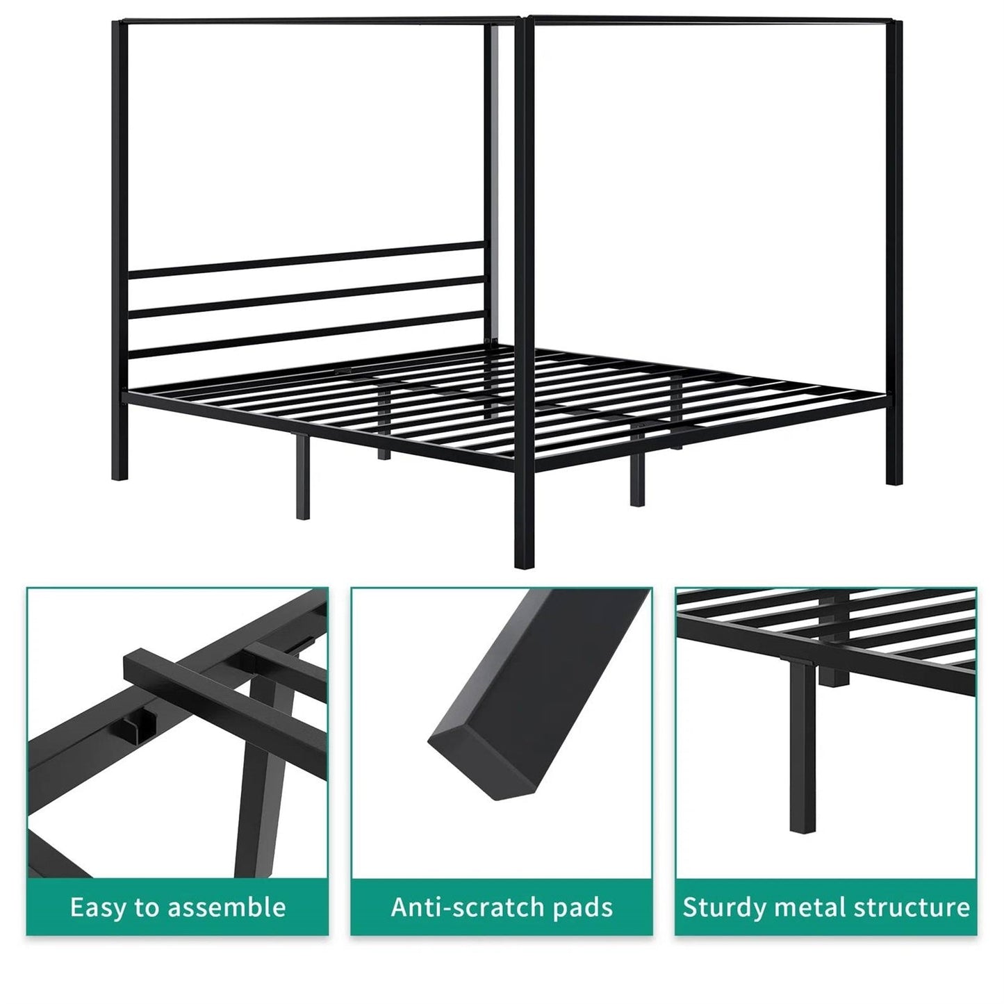 Cama con dosel de metal moderna tamaño queen con cuatro postes en acabado negro