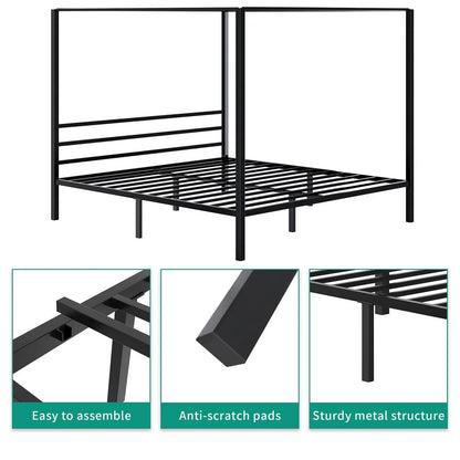 Cama con dosel de metal moderna tamaño queen con cuatro postes en acabado negro