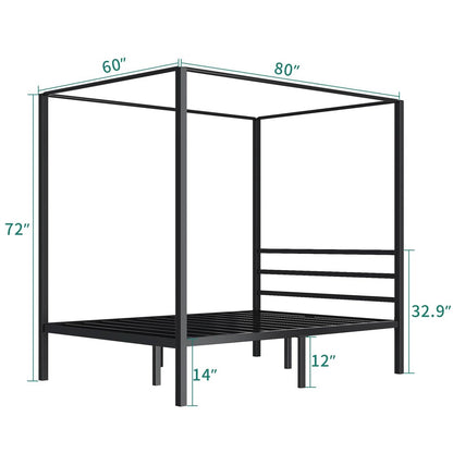 Cama con dosel de metal moderna tamaño queen con cuatro postes en acabado negro
