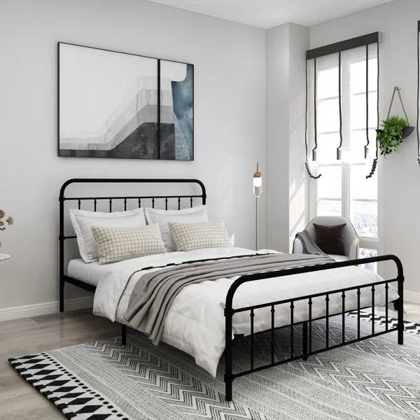 Base de cama Queen Classic Farmhouse de metal negro con cabecero y piecero redondeados