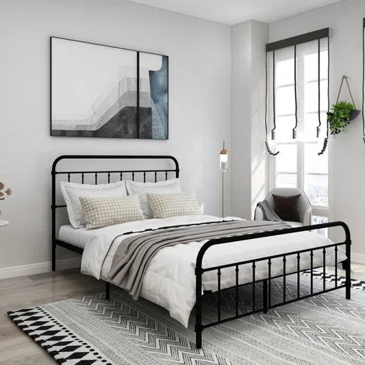 Queen Classic Farmhouse Black Metal Bed Frame with Rounded Headboard Footboard - Tampa Home & Garden Store