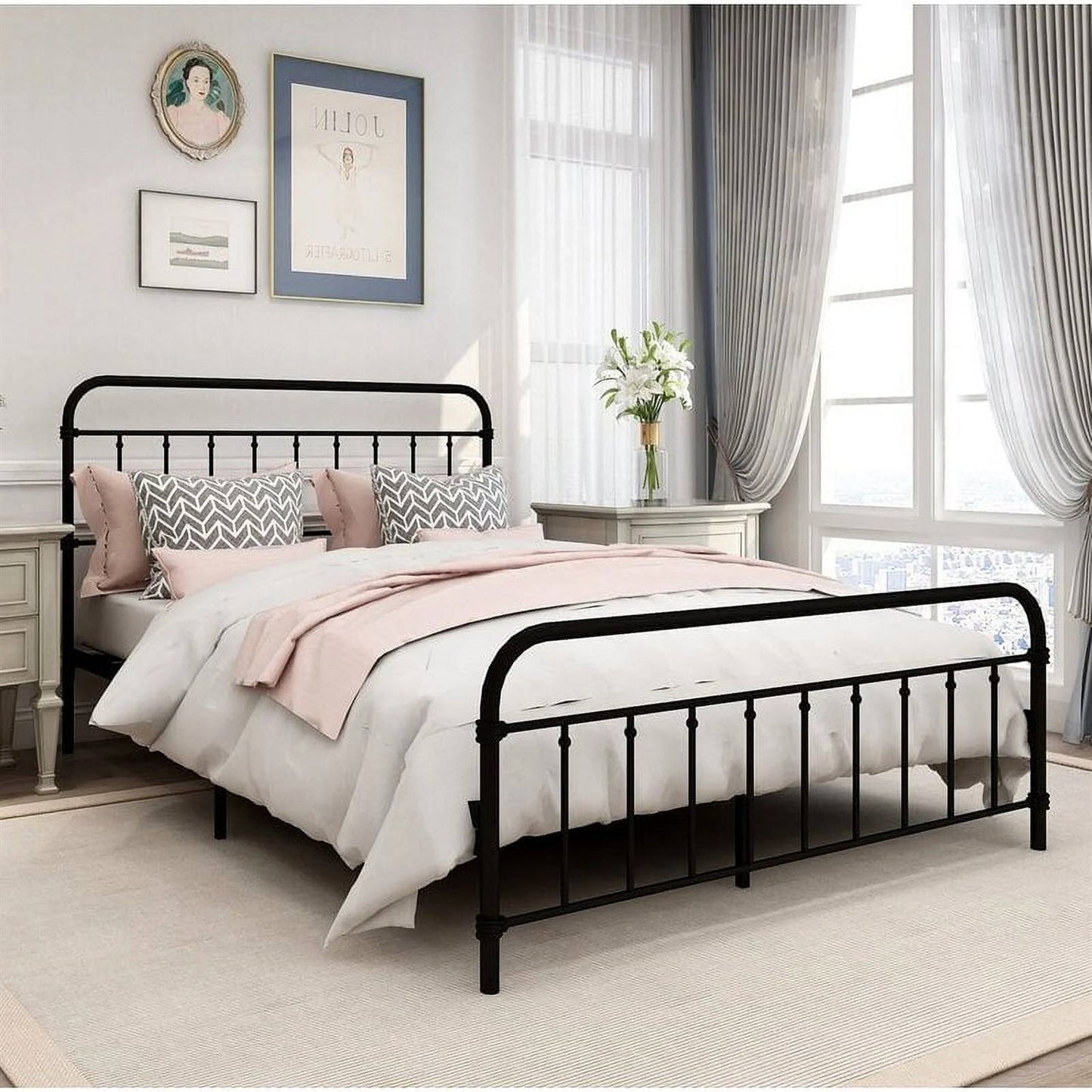 Base de cama Queen Classic Farmhouse de metal negro con cabecero y piecero redondeados