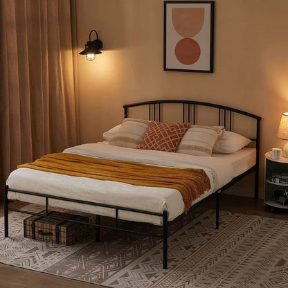 Base de cama de plataforma Queen de metal negro con cabecero arqueado