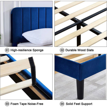 Base de cama de plataforma tapizada azul tamaño Queen con cabecero