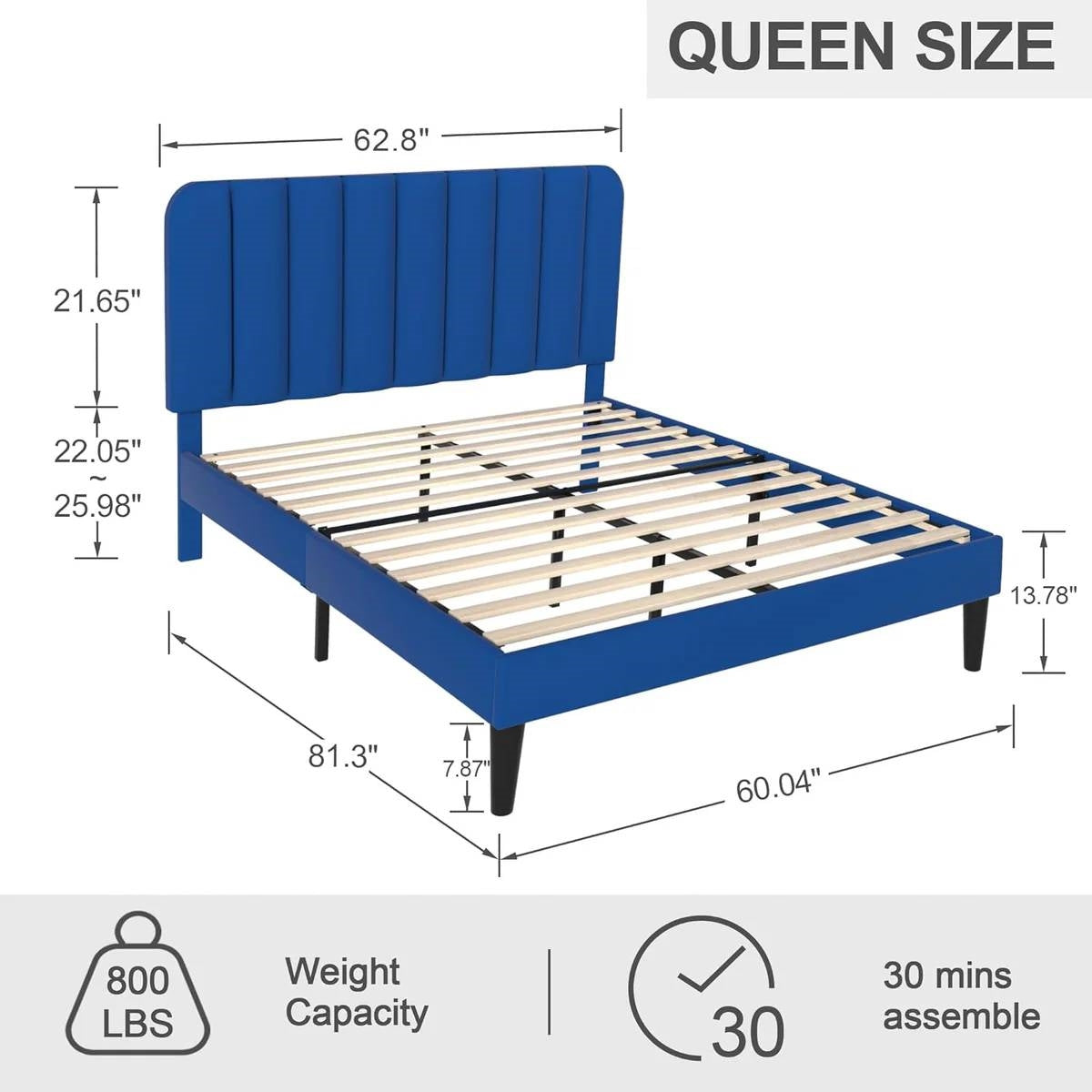 Base de cama de plataforma tapizada azul tamaño Queen con cabecero