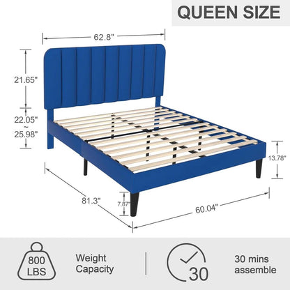 Base de cama de plataforma tapizada azul tamaño Queen con cabecero