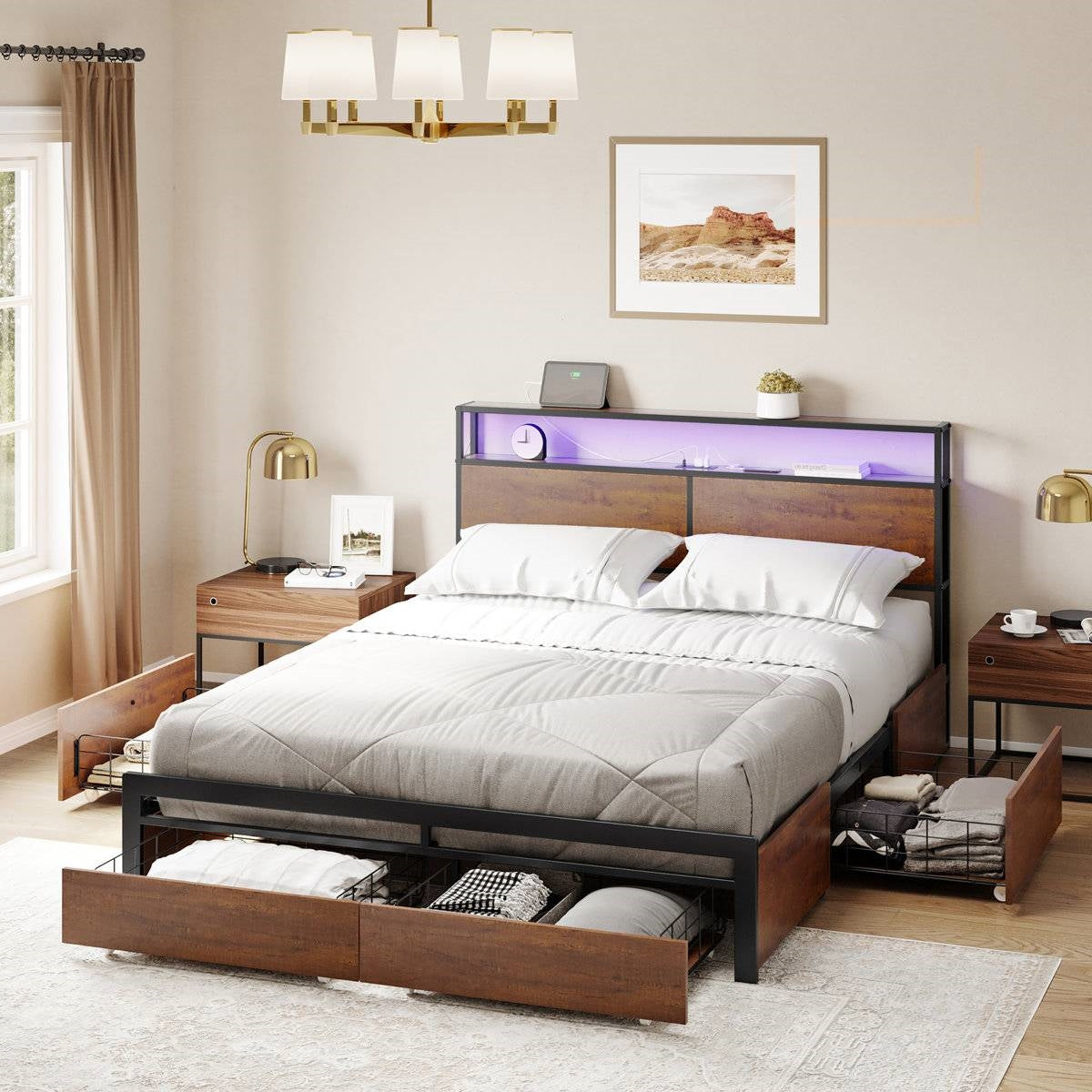 Base de cama Queen con cabecera y cajones de almacenamiento en acabado de madera marrón
