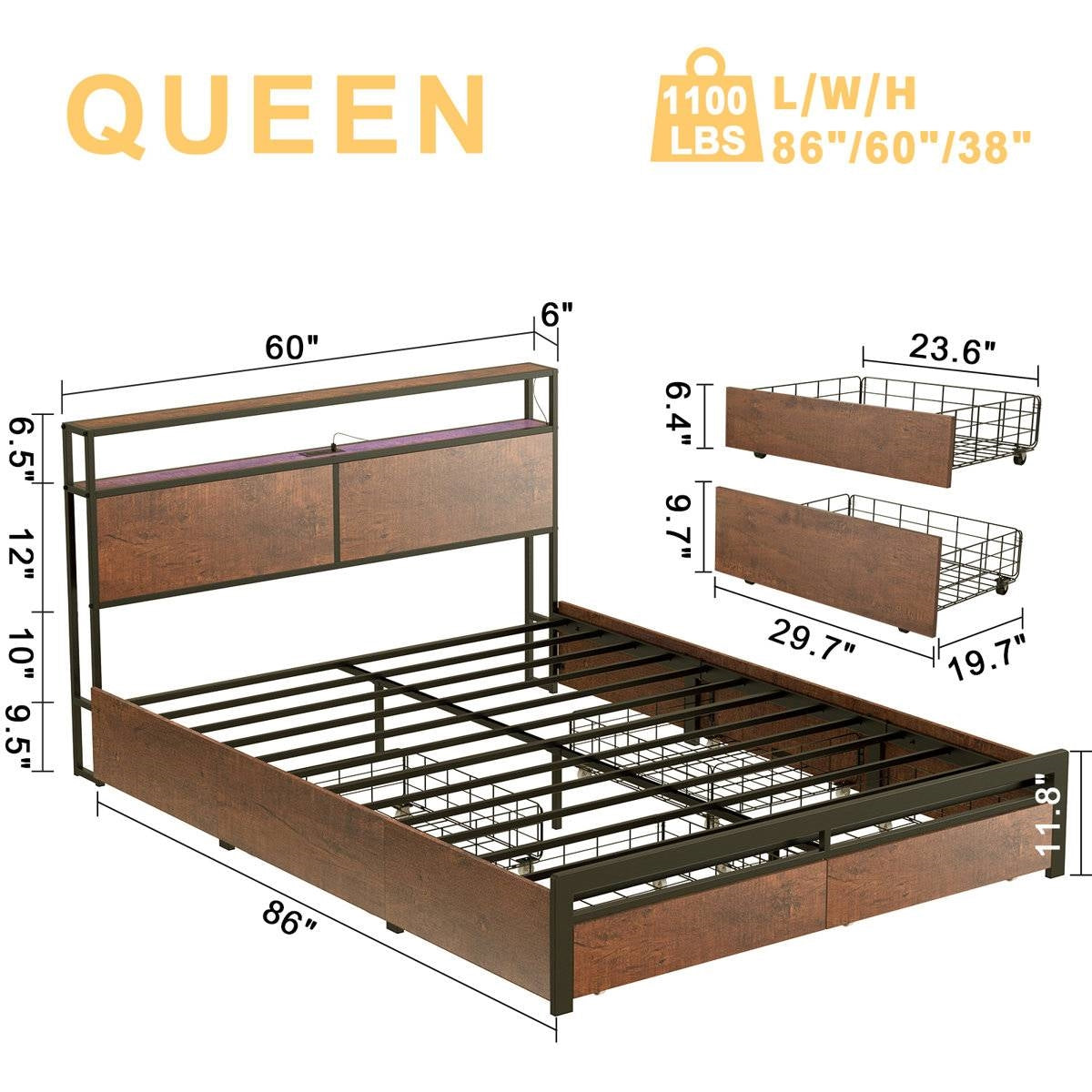 Base de cama Queen con cabecera y cajones de almacenamiento en acabado de madera marrón