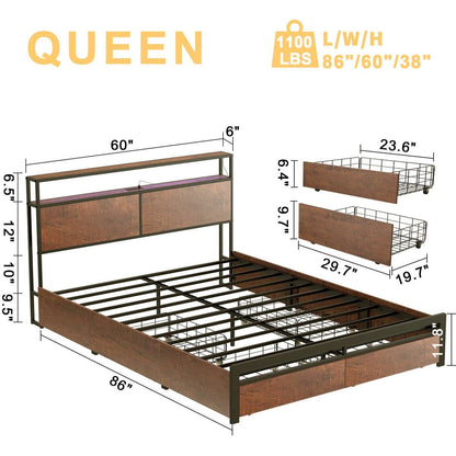 Base de cama Queen con cabecera y cajones de almacenamiento en acabado de madera marrón