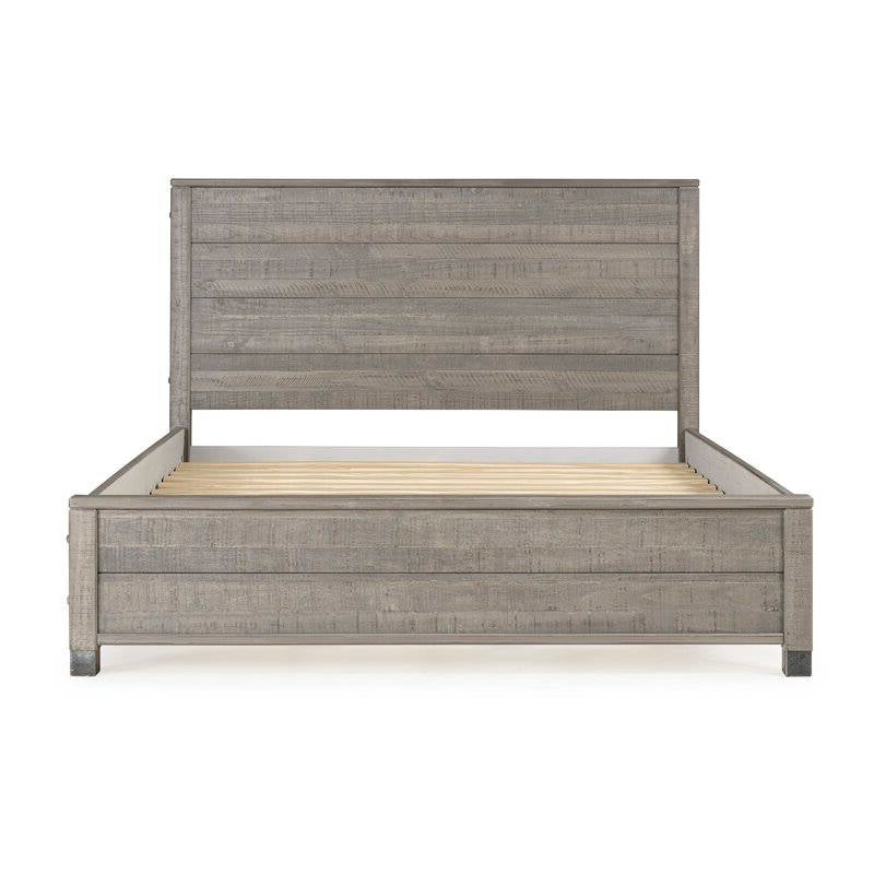 Base de cama tipo plataforma Queen de madera maciza con cabecero en acabado de madera gris