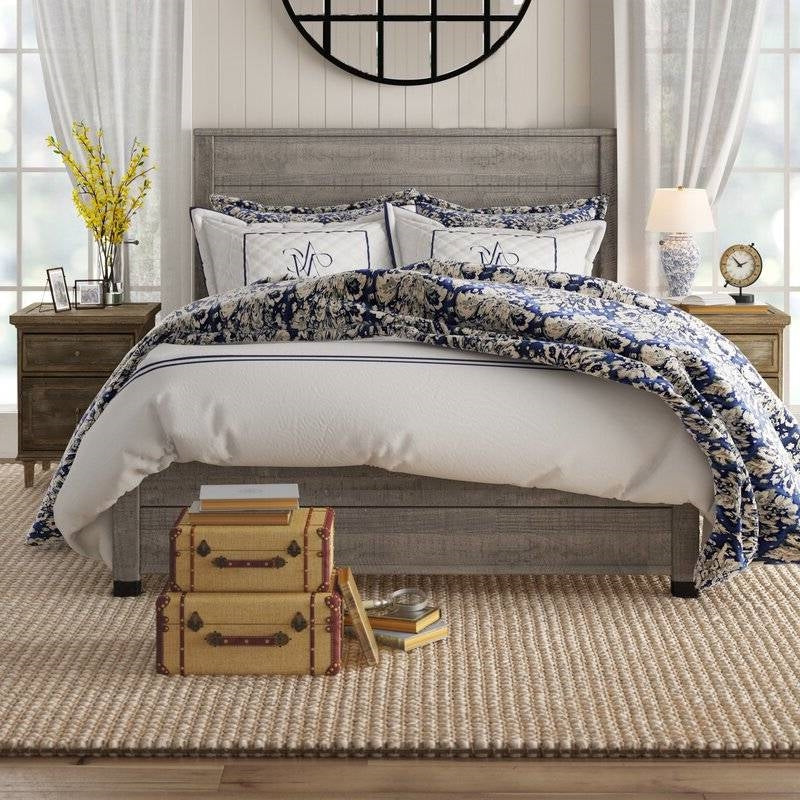 Base de cama tipo plataforma Queen de madera maciza con cabecero en acabado de madera gris