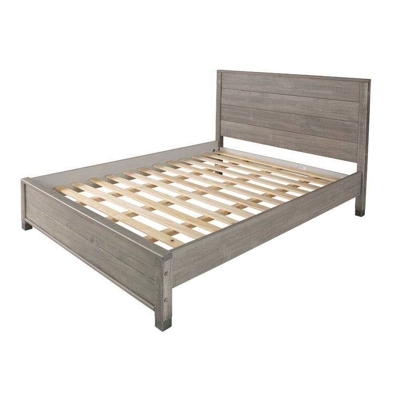 Base de cama tipo plataforma Queen de madera maciza con cabecero en acabado de madera gris