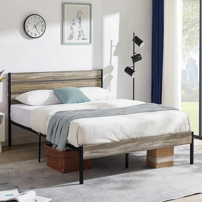 Base de cama tipo plataforma Queen industrial rústica de madera y metal con cabecero
