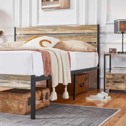 Base de cama tipo plataforma Queen industrial rústica de madera y metal con cabecero