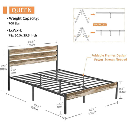 Base de cama tipo plataforma Queen industrial rústica de madera y metal con cabecero