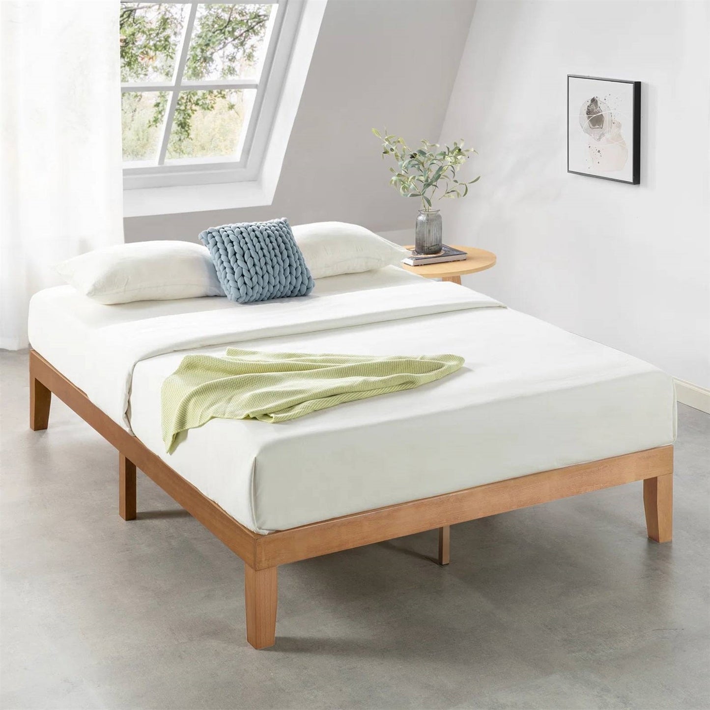 Cama Queen Size de Plataforma de Madera Maciza con Acabado de Madera Natural