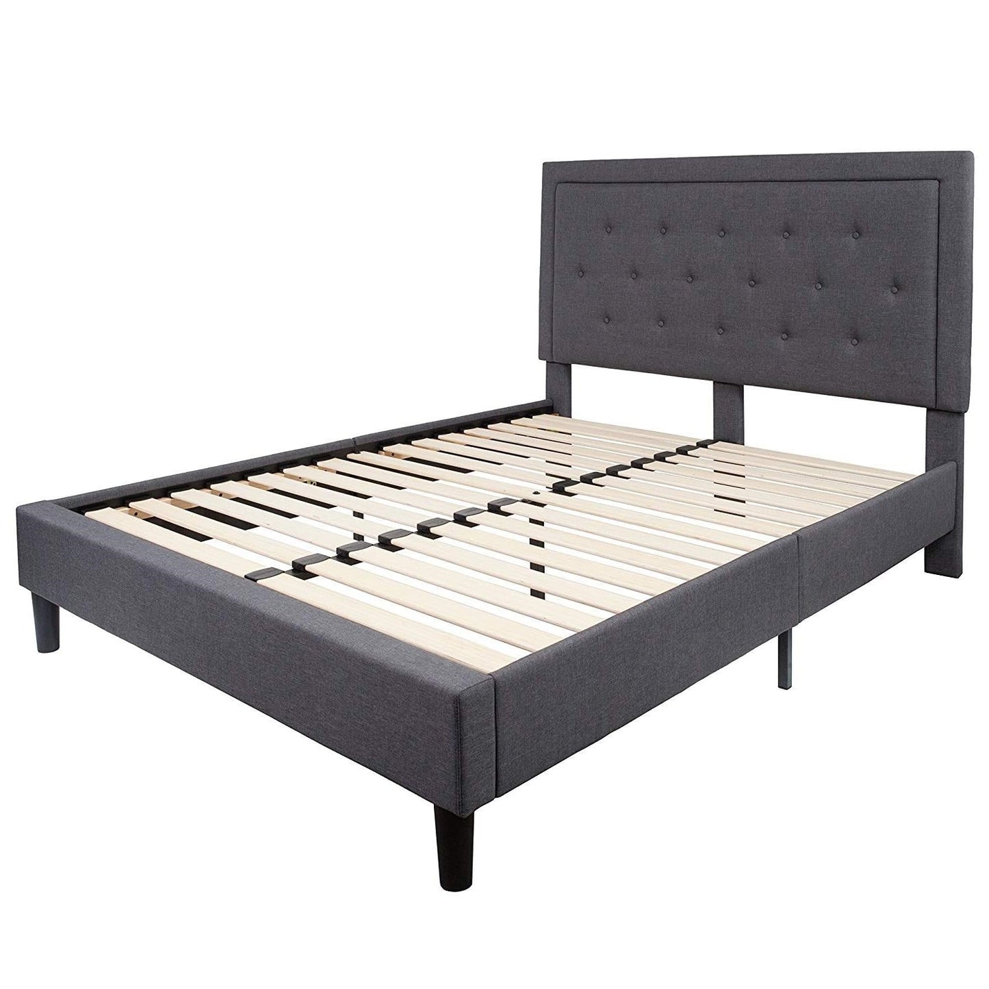 Base de cama tamaño Queen tapizada en tela gris oscuro con cabecero