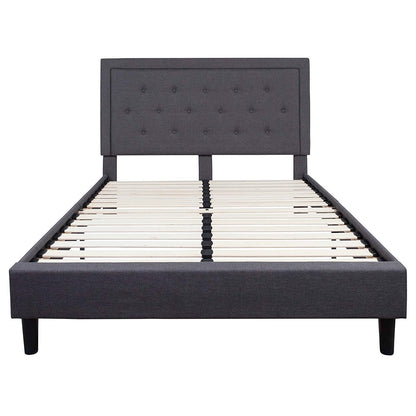 Base de cama tamaño Queen tapizada en tela gris oscuro con cabecero