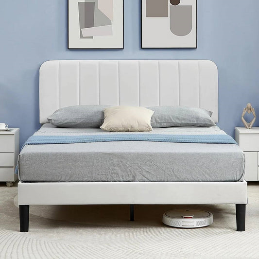 Queen size White Upholstered Platform Bed Frame with Headboard - Tampa Home & Garden Store