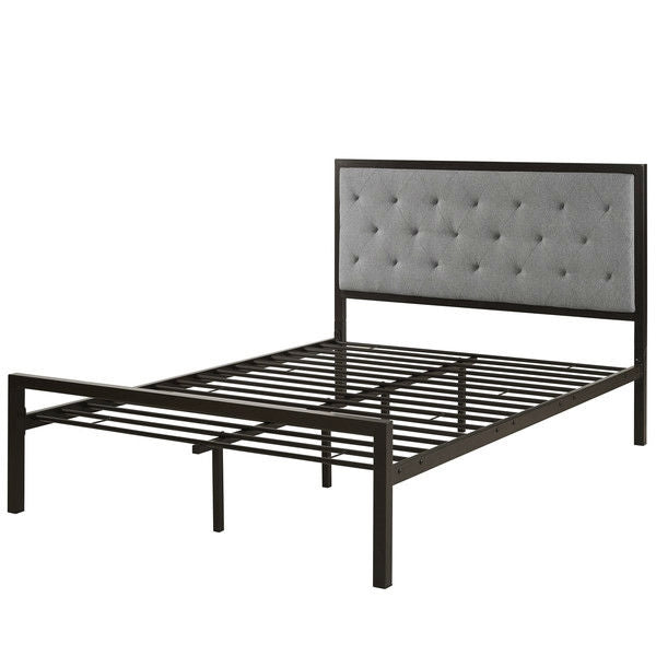 Cama Queen Size Contemporánea de Metal con Plataforma y Cabecero Tapizado Gris