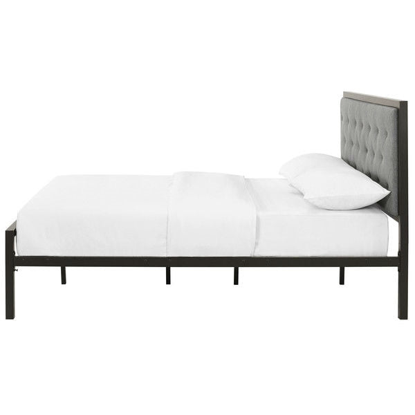 Cama Queen Size Contemporánea de Metal con Plataforma y Cabecero Tapizado Gris