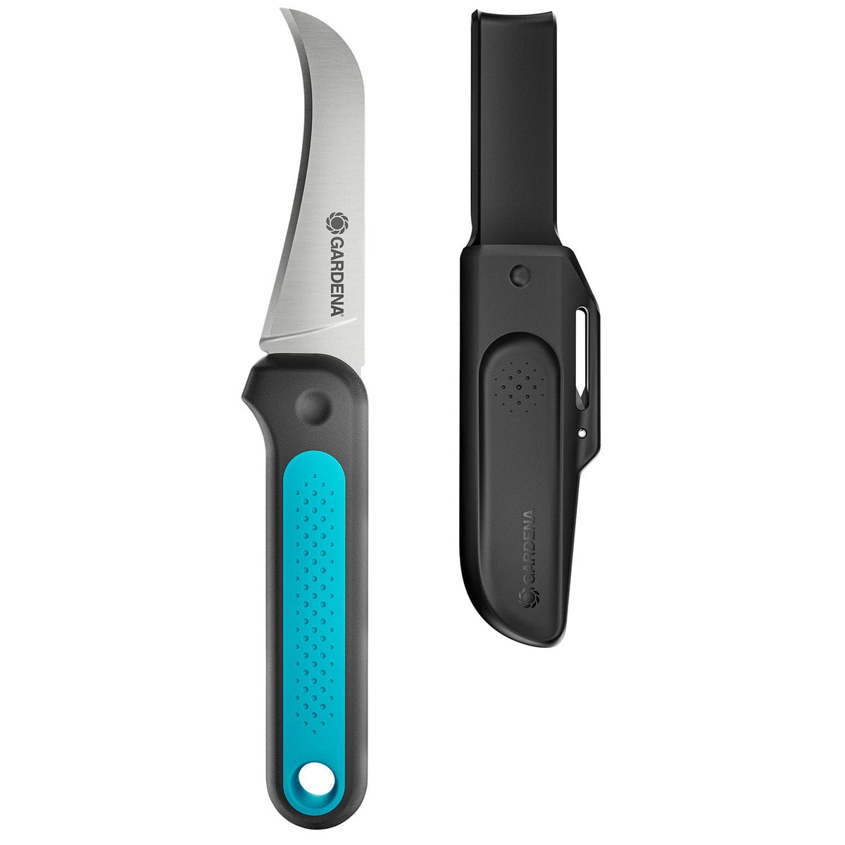 VeggieCut Scissors by Gardena, curved blade and blue textured grip with sheath on Tampa Home & Garden Store