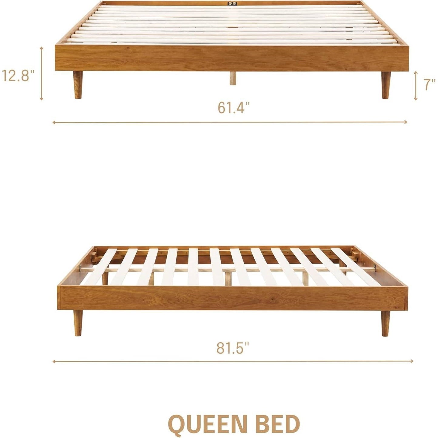 Base de cama de plataforma Queen de estilo moderno de mediados de siglo con acabado en madera clara