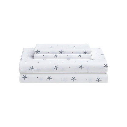 Juego de sábanas Queen de algodón 100%, con diseño de estrella de mar, estilo costero, en blanco, azul marino y rojo