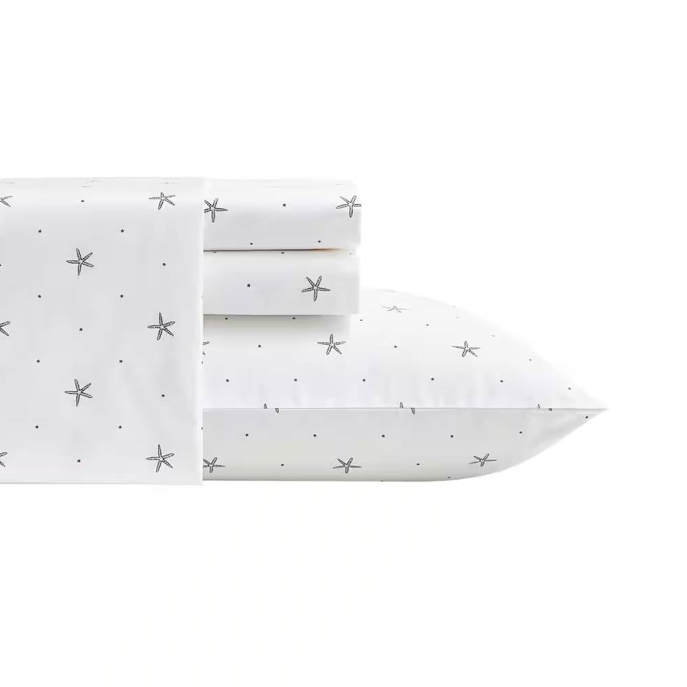 Juego de sábanas Queen de algodón 100%, con diseño de estrella de mar, estilo costero, en blanco, azul marino y rojo