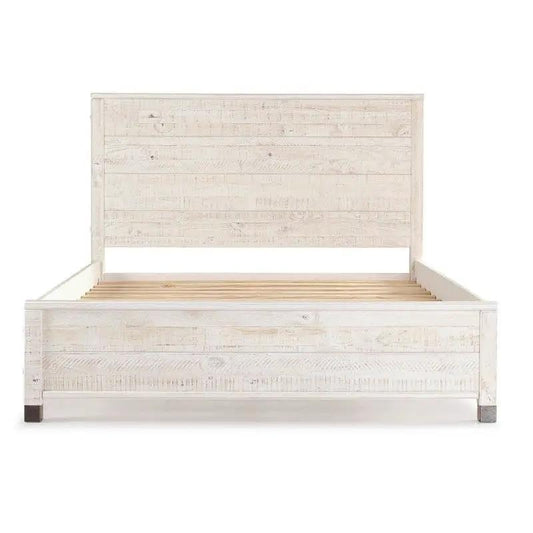 Queen size solid wood platform bed frame with headboard in rustic white finish on Tampa Home & Garden Store