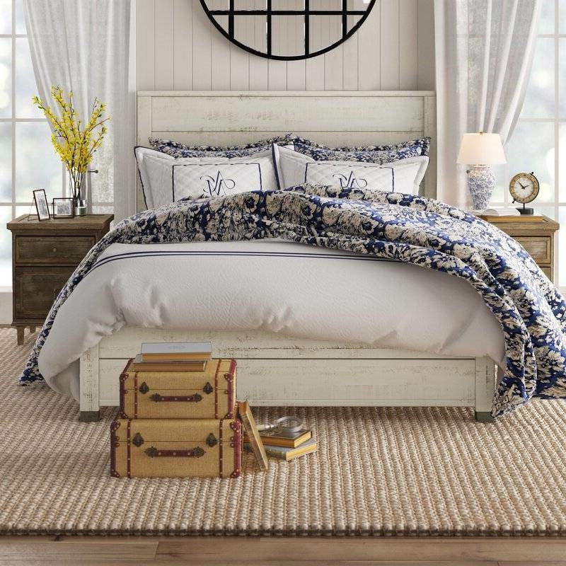 Base de cama de plataforma de madera maciza tamaño Queen con cabecero en acabado blanco rústico