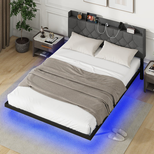 Full/Queen Size Floating Bed Frame with LED and Headboard and Charging Station - Tampa Home & Garden Store