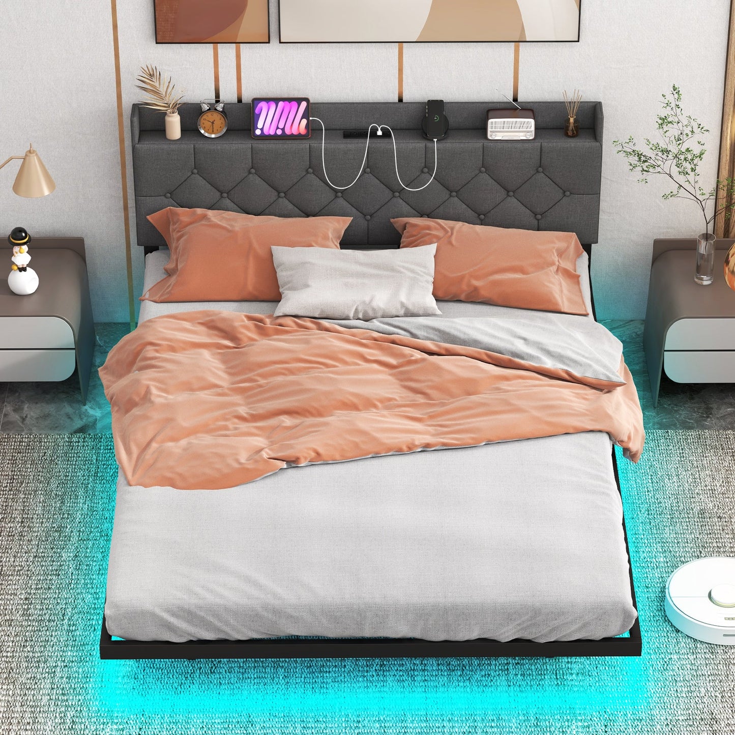 Full/Queen Size Floating Bed Frame with LED and Headboard and Charging Station
