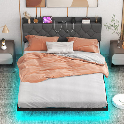 Full/Queen Size Floating Bed Frame with LED and Headboard and Charging Station