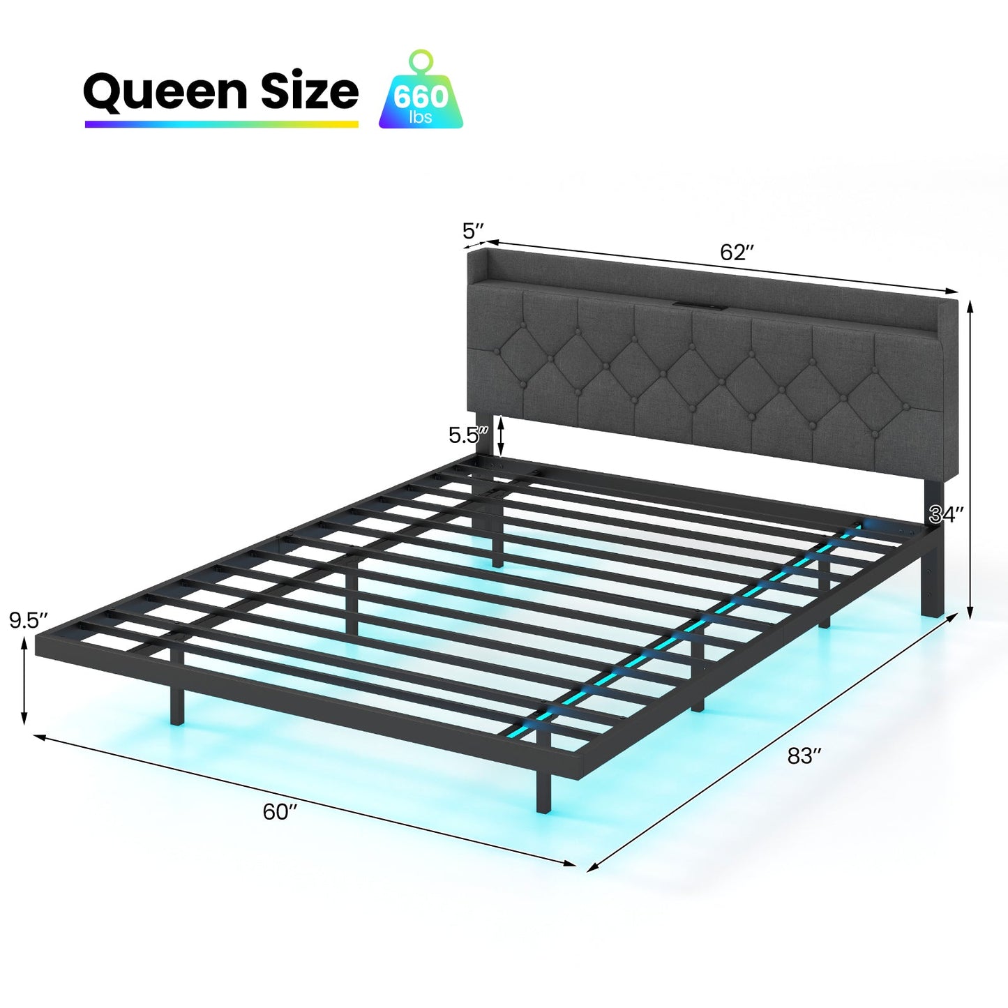 Full/Queen Size Floating Bed Frame with LED and Headboard and Charging Station