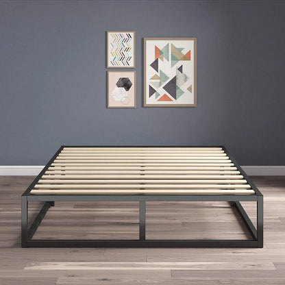 Queen size 10-inch Low Profile Modern Metal Wood Slat Platform Bed Frame