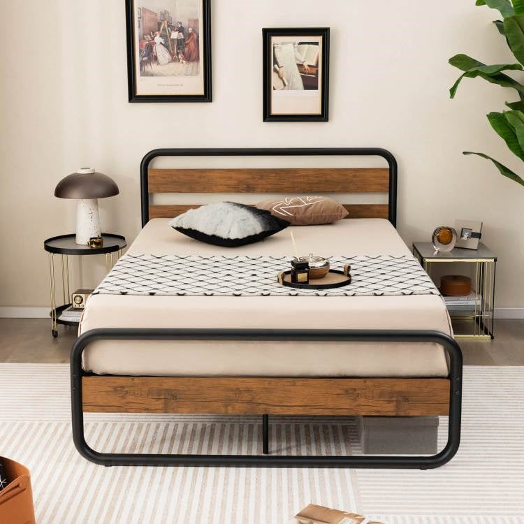 Cama Queen Industrial de Madera y Metal con Cabecera y Piecera