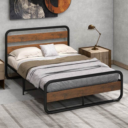 Cama Queen Industrial de Madera y Metal con Cabecera y Piecera