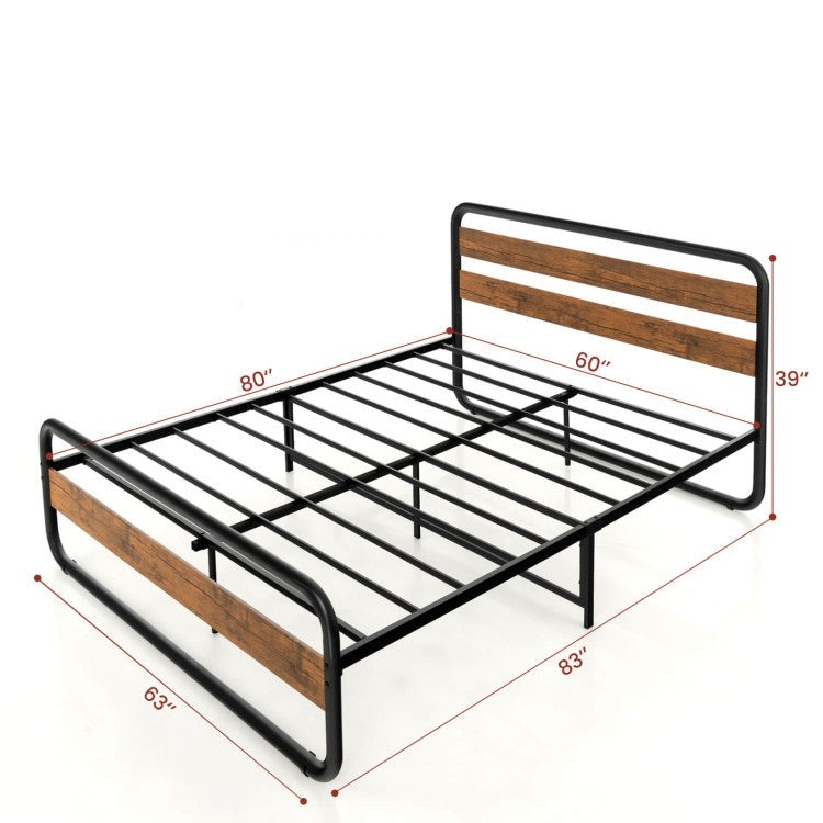 Cama Queen Industrial de Madera y Metal con Cabecera y Piecera